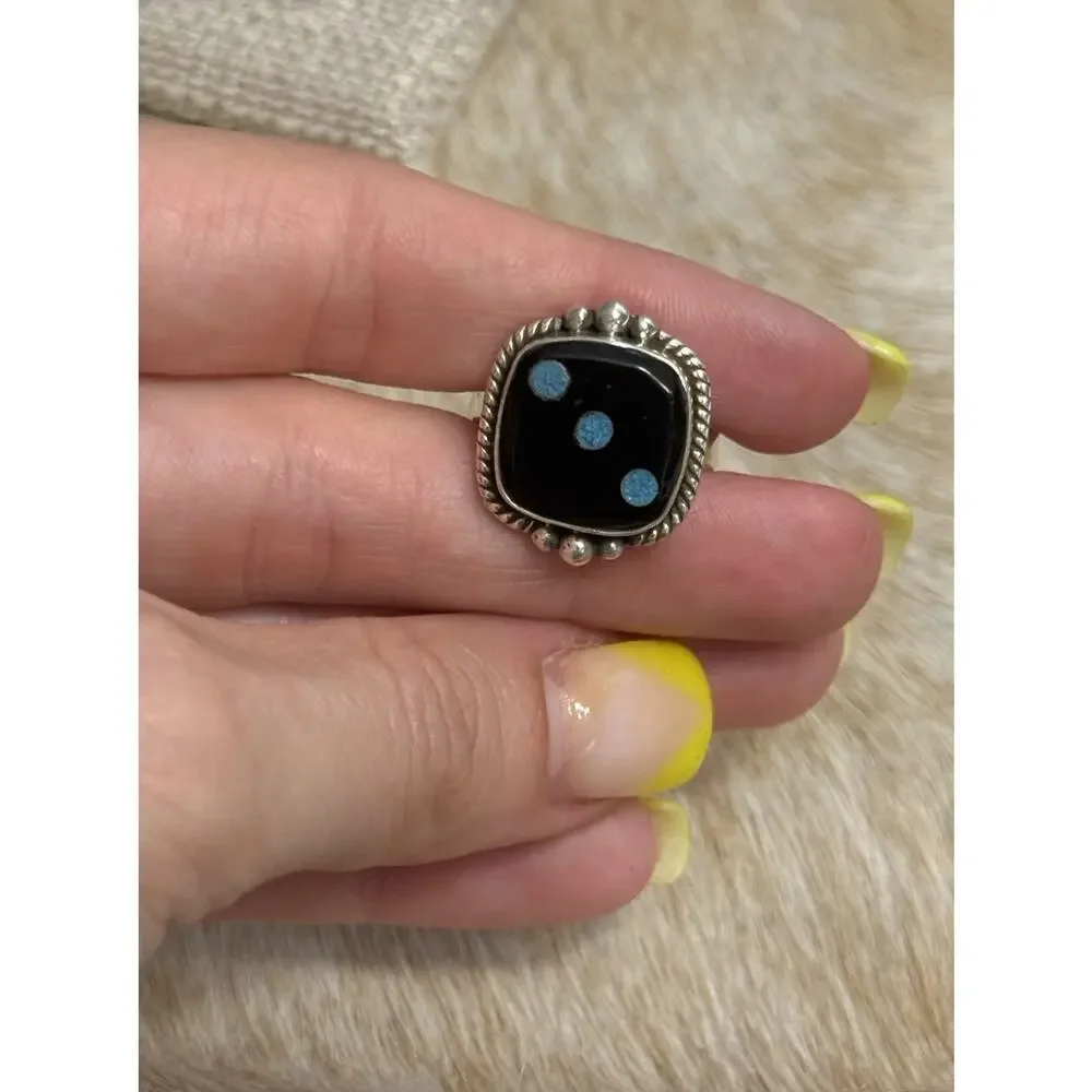Native American SW Sterling Silver Carved Onyx Black Opal Dice Ring 3 Gamble